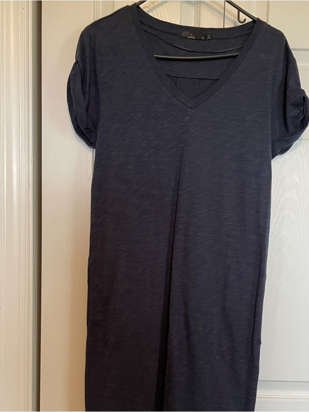 PrAna sz S knit dress rolled capped sleeve banded bottom Heather blue v neck